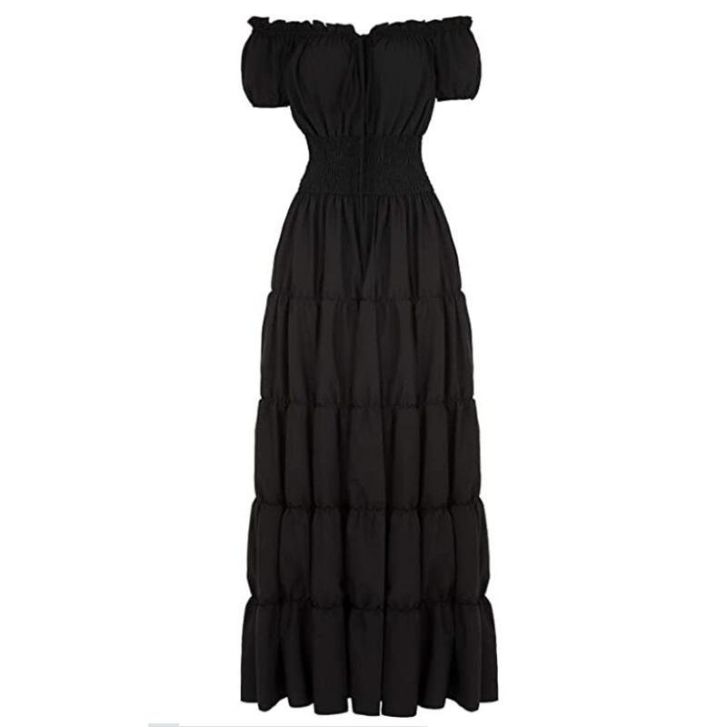 Women's Solid Color Short Sleeve Boat Neck Waist Medieval Retro Long Plus Size Dress