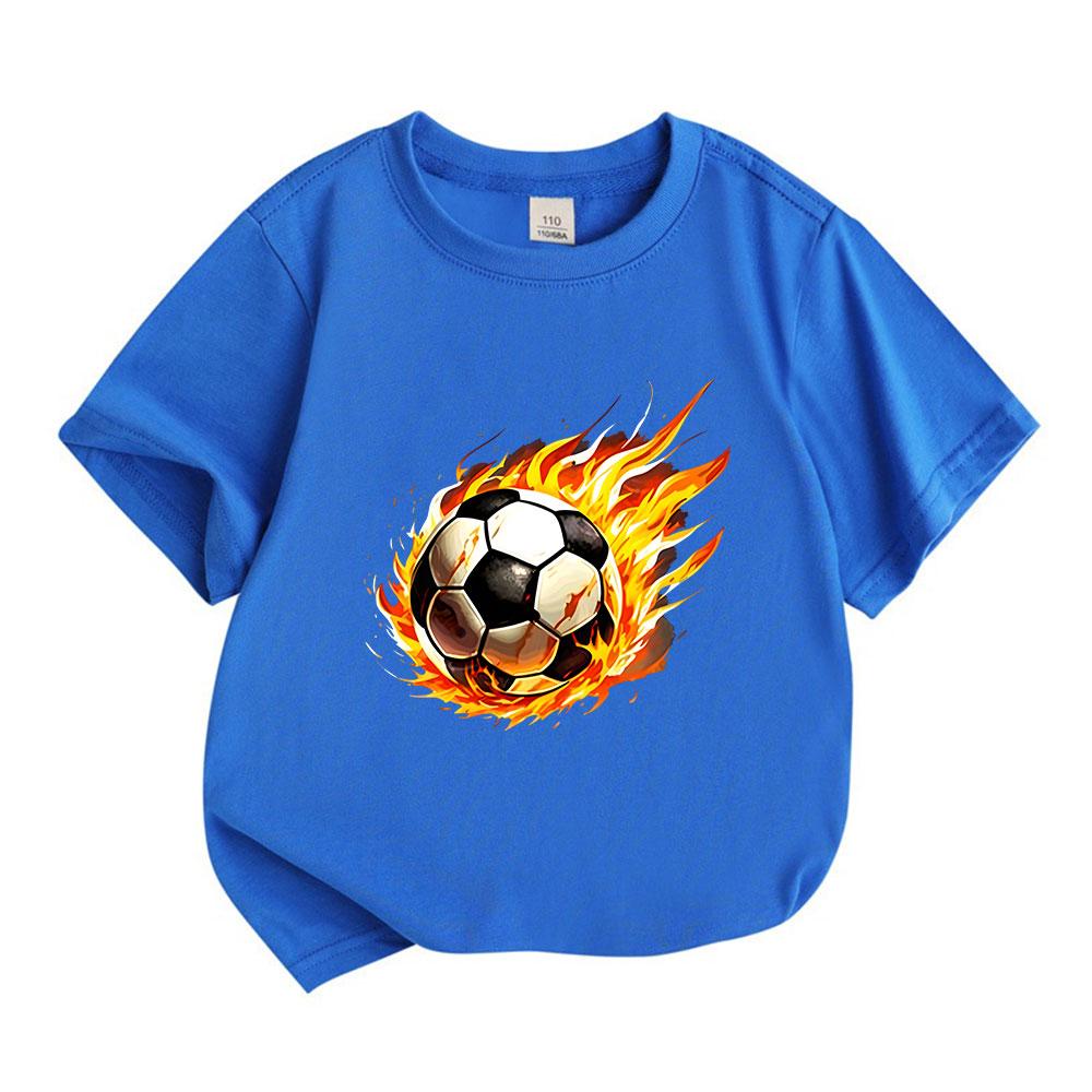 Kids Boys Girls Crew Neck Short Sleeve 100% Cotton T-shirt, Fiery Burning Soccer Ball Pattern Casual Soft Tees for Sports Enthusiast Children Daily We