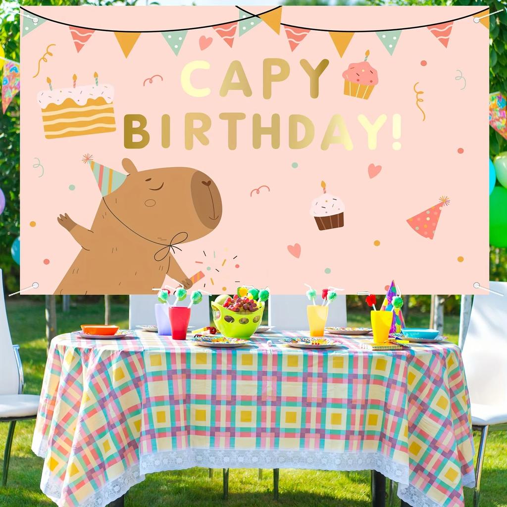 A cute cartoon capybara and ice cream birthday background with "Happy Birthday!" Text a birthday celebration suitable for girls