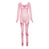 Spring Women's Sexy See-Through Hollow Out High Waist Jacquard Tight Long Sleeve Lace Jumpsuit
