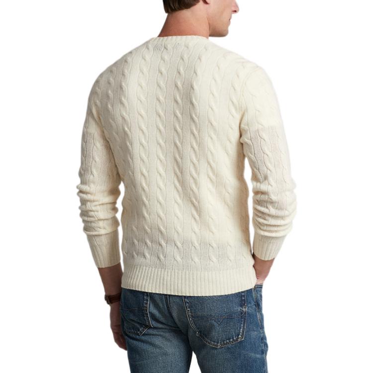 Polo Ralph Lauren FW22 Solid Logo Embroidered Cable Knit Sweater Men Sweater White MNPOSWE16821269-101