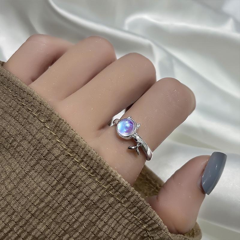 Good Meowning Iridescent Moonstone Kitten Fishtail Ring - Cute Bestie Qixi Gift