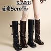 Leather Tall Boots Women's Boots But Knee Boots Thick Heel Thick Sole Height Increasing Knight Boots Western Cowboy Boots Pile Boots