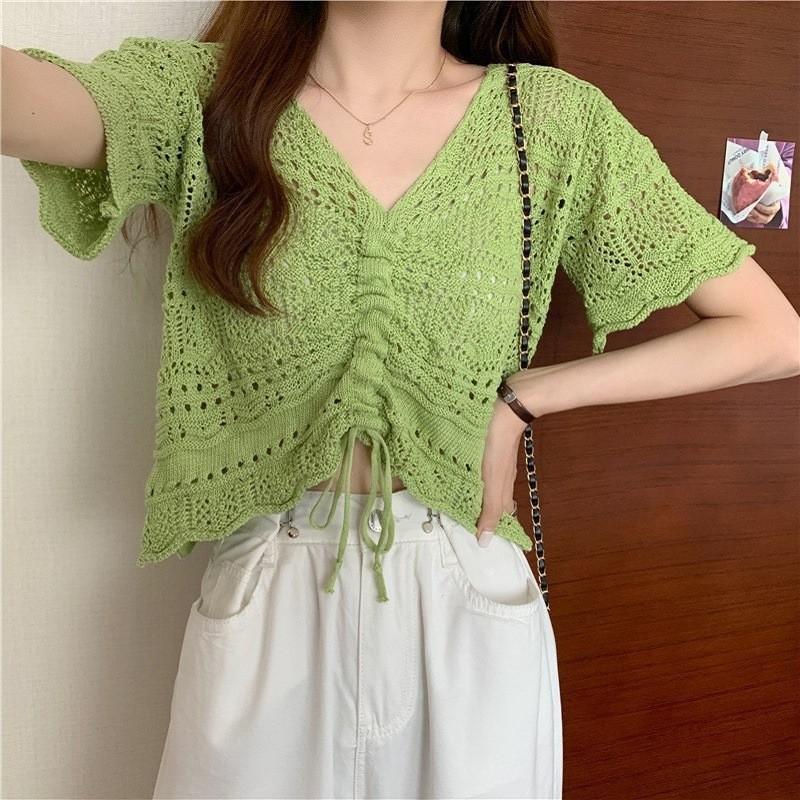 Chic Hollow Drawstring Knitted Sweater Women's Spring and Summer Small Sweet and Spicy Design Sense V-neck Lace-up Short Top