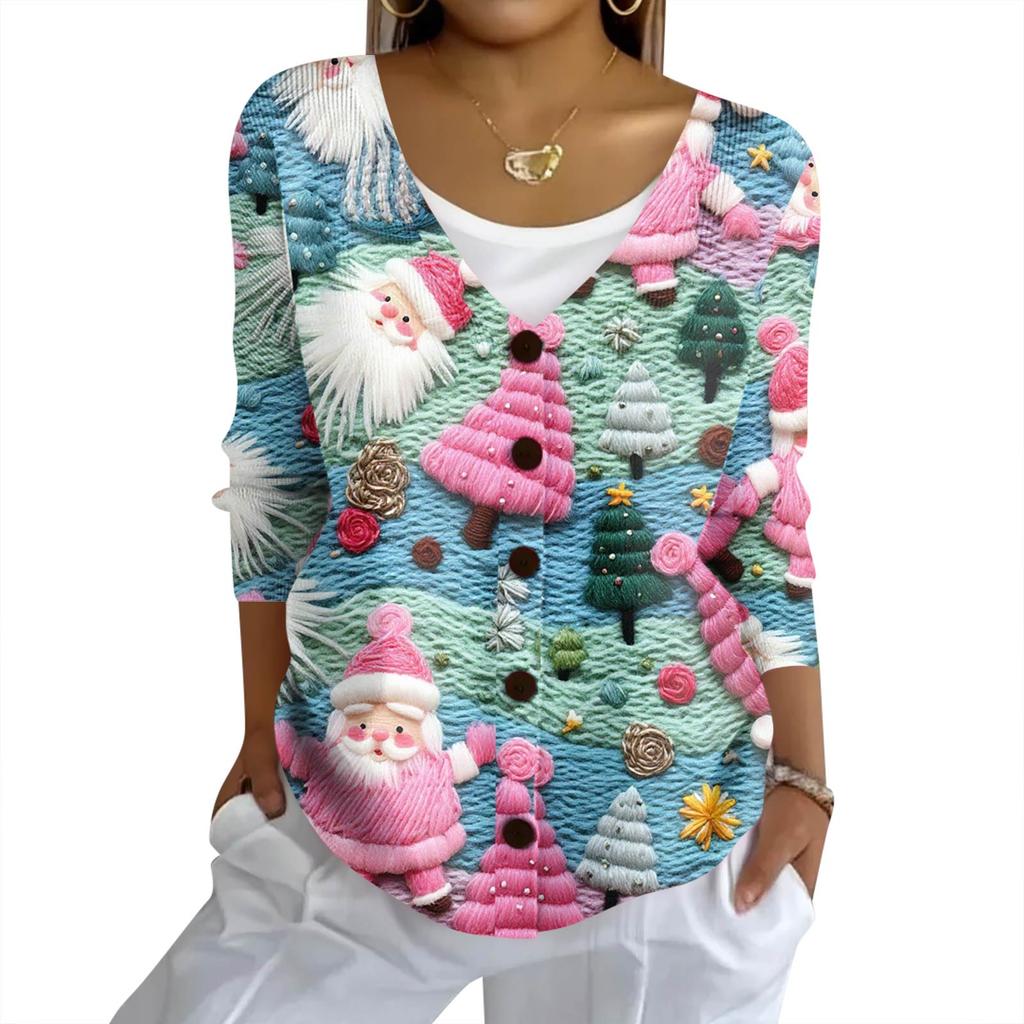 Women's Fashion Casual Knit Sweater Button-Up Christmas Print Cardigan Jacket