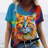 Summer Colorful Cat Print Women's T-Shirt Gradient Clothing V Neck Short Sleeve Tops Streetwear Fashion Oversized Girls T-Shirts