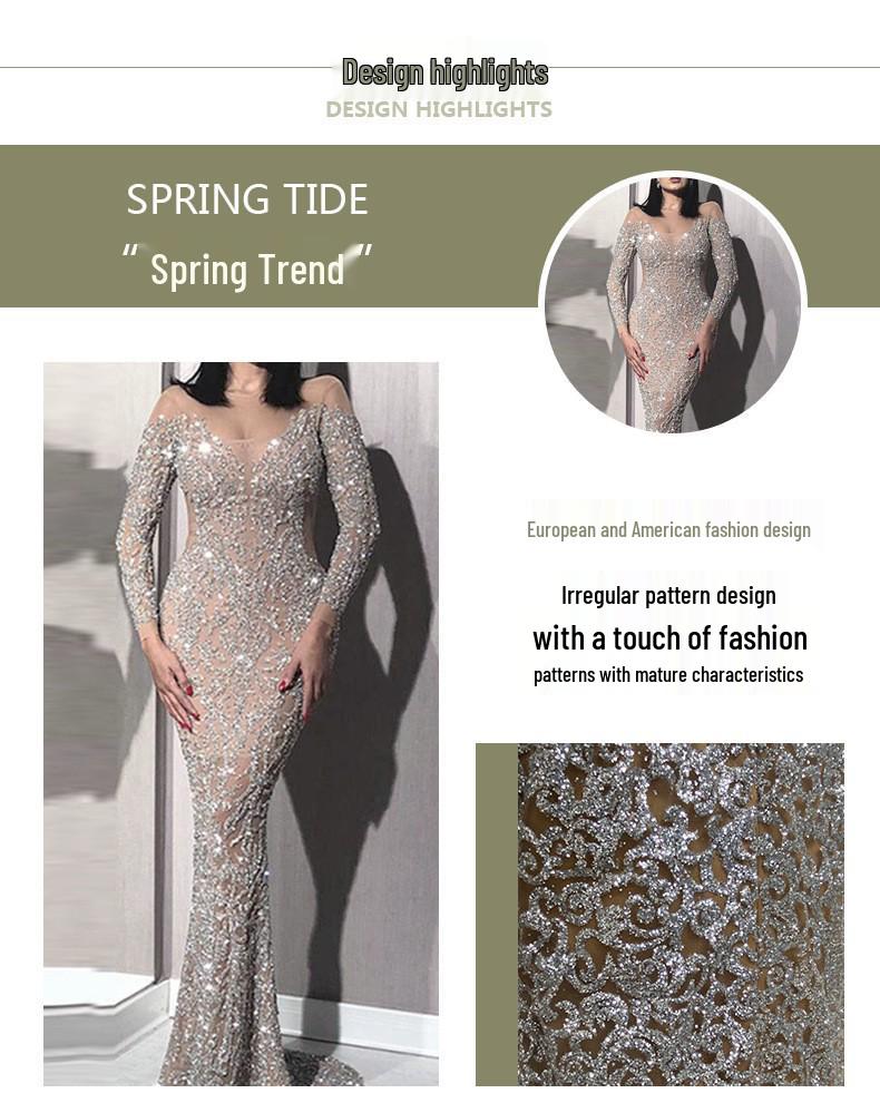 Европейское и американское весеннее вечернее платье 2025 года: Сексуальная облегающая юбка с длинными рукавами и горячей штамповкой для банкетов