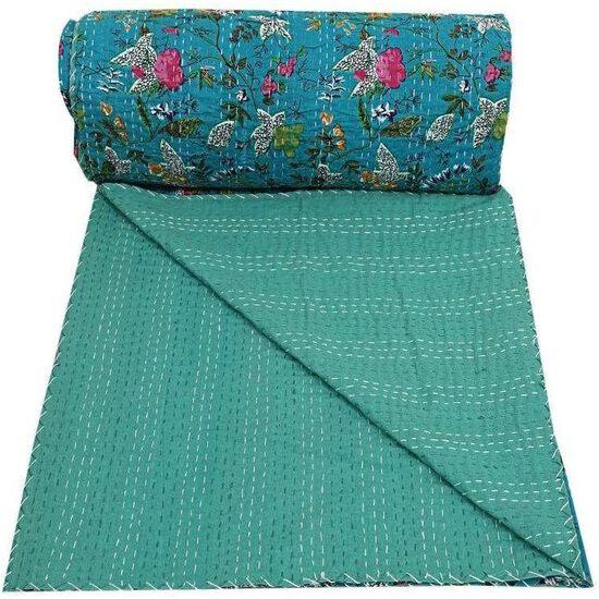 Aizza Trends Handmade Pure Cotton Printed Kantha Quilt  - Traditional Look Bed Spread Kantha Gudri - Vintage Hand Stitch Gudri