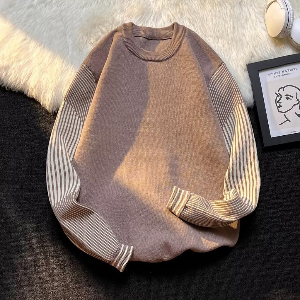 Полосатый свитер с круглым вырезом в стиле Гонконга, мужской литературный тренд, свободный дизайн, осенне-зимний мужской повседневный топ