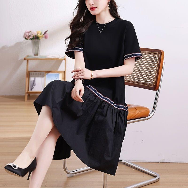 Basic Casual Loose Dresses Bright Line Decoration Summer Short Sleeve A-Line Korean Spliced Midi Dress