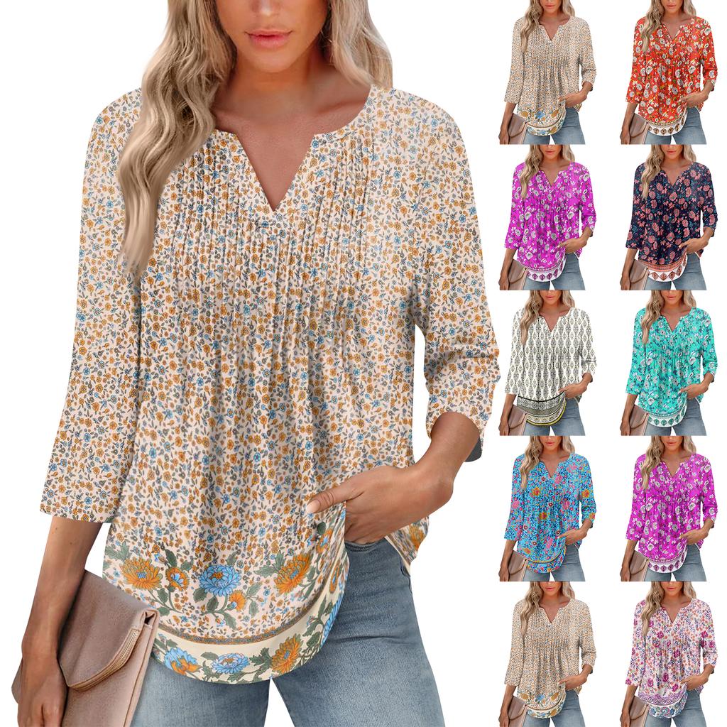 Women's Fashionable Casual Pleated V Neck Solid Color Seven Quarter Sleeve T-shirt Top