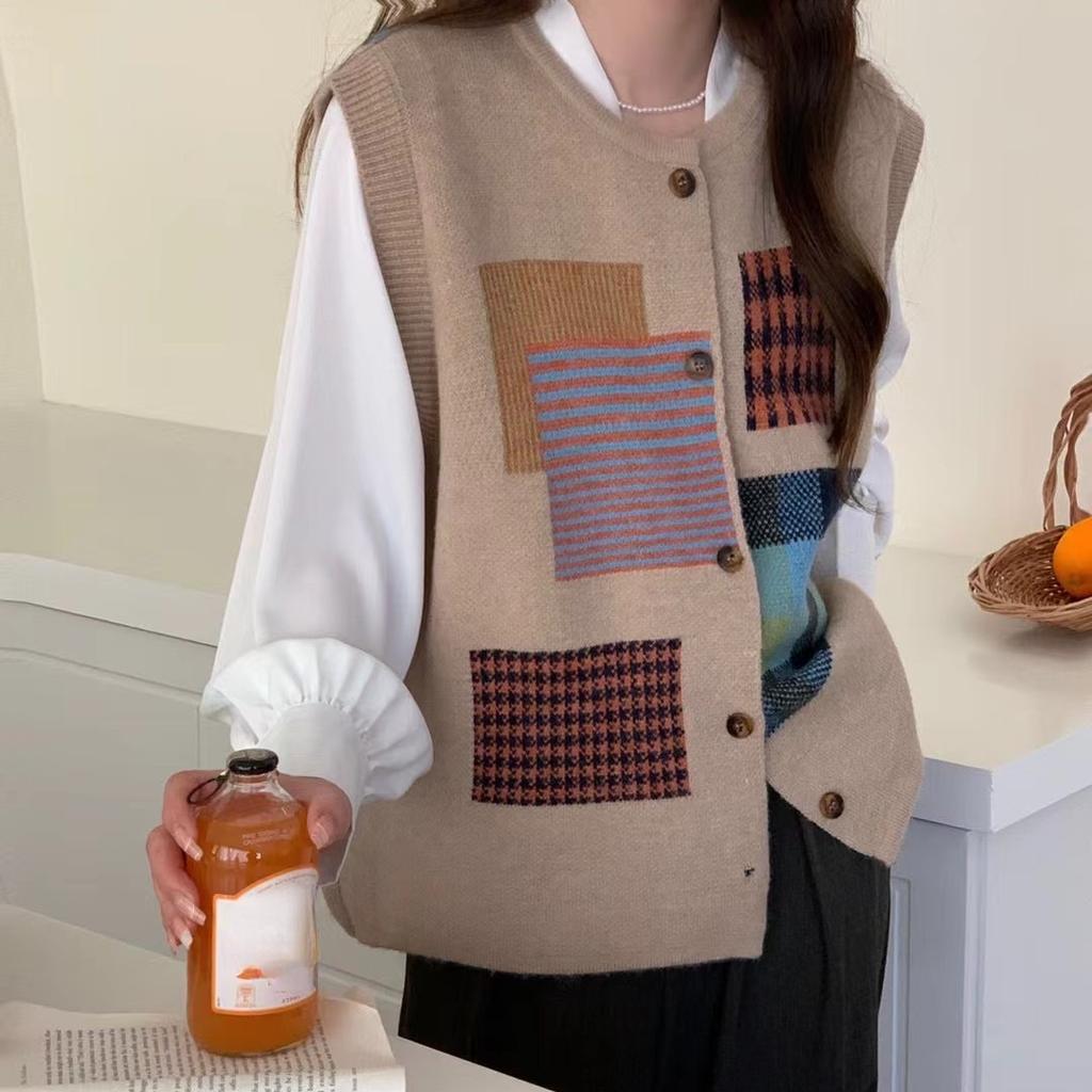 DIMANAF 2024 зима-осень женский клетчатый жилет без рукавов вязаный модный свободный свитер оверсайз в повседневном стиле