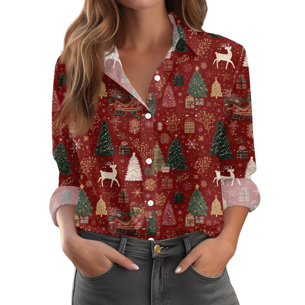 Women's Christmas Print Casual Half-Open Collar Long Sleeve Shirt