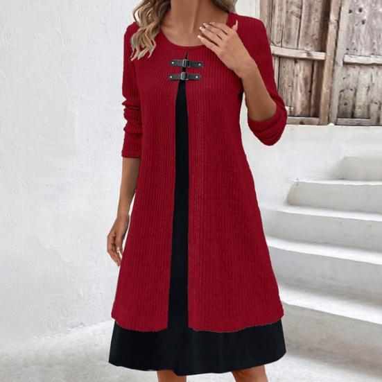Осенне-весеннее женское платье из двух частей, трапециевидной формы с длинным рукавом, свободный подол, круглая шея, декор с пряжкой, вязаное мягкое цветное платье миди длиной до колена