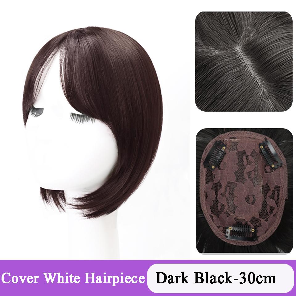 Synthetic 3 Clip In Hair Topper With Bangs 11inch Straight Wig Overhead Natural Invisible Replacement Cover White Hair Piece For Women