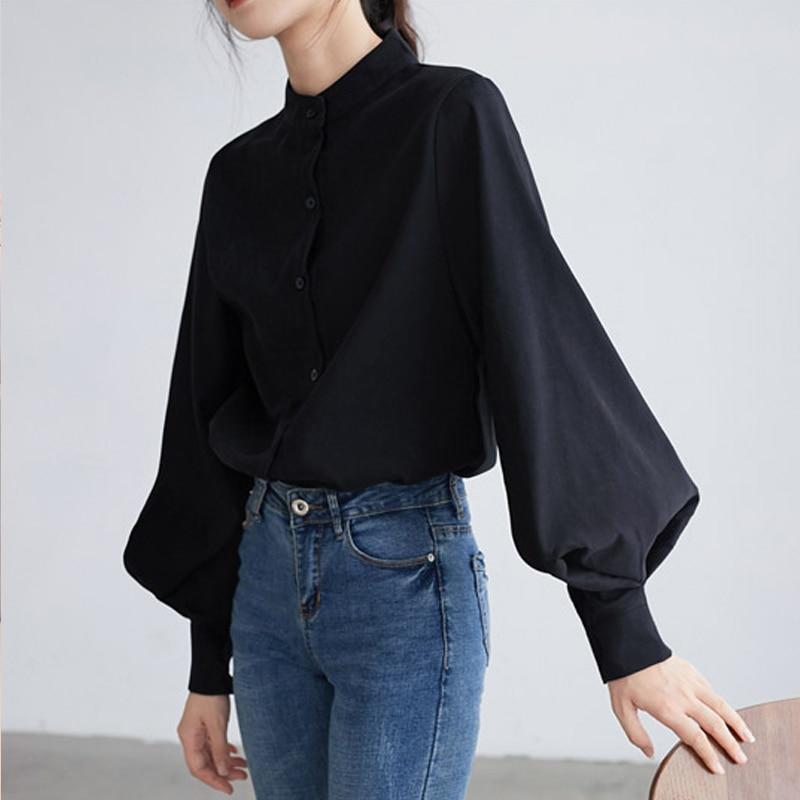 2023 модная женская блузка, рубашка-фонарь, женские рубашки с длинным рукавом, однотонные офисные женские топы с воротником-стойкой, одежда Blusas 6462