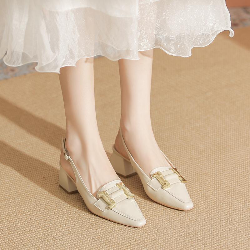 Кожаные туфли на высоком каблуке, женская новая летняя одежда, сандалии с острым носком и толстым каблуком