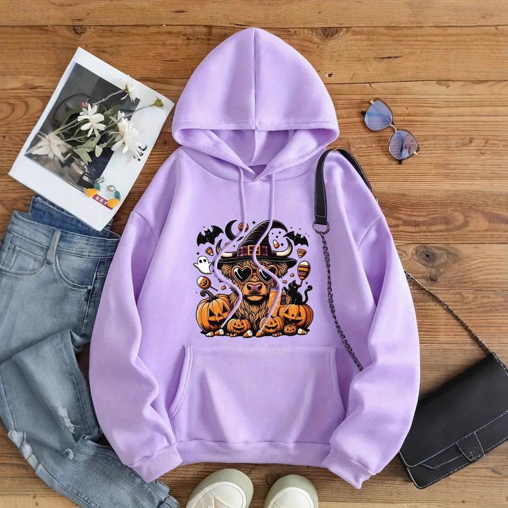 Женские весенне-осенние повседневные худи с капюшоном и длинными рукавами, с большим карманом, с принтом на Хэллоуин, пуловер, толстовка, топ