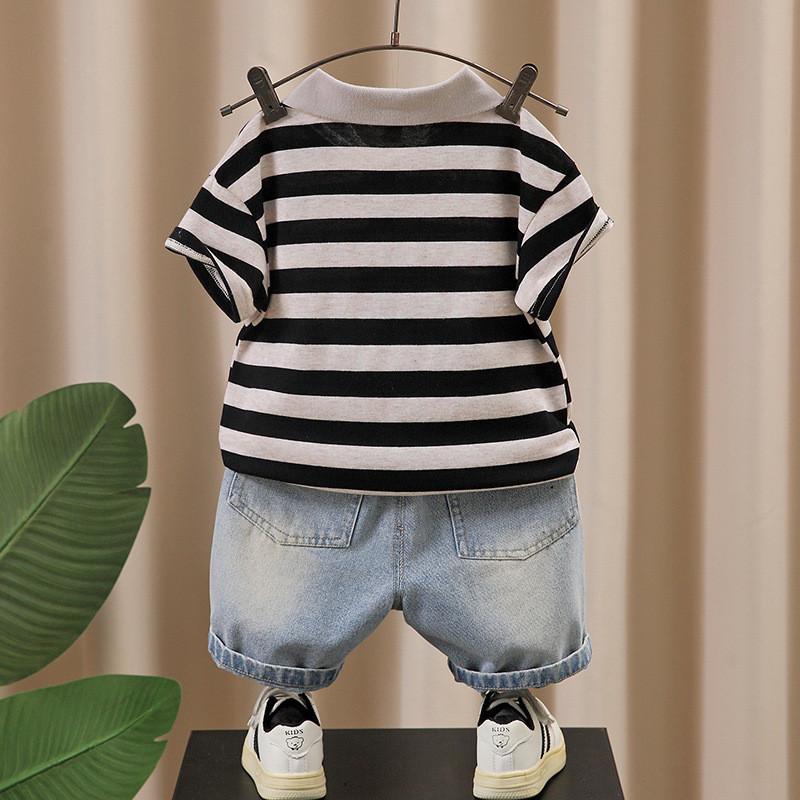 Trendy Black Gray And Green Gray Children's Summer Polo Shirt Set For Boys Aged 3 To 8