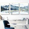Abstract Mountain Art Lake Bird Watercolor Blue Gold Canvas Painting Wall Art Picture Print Living Room Home Decoration Interior
