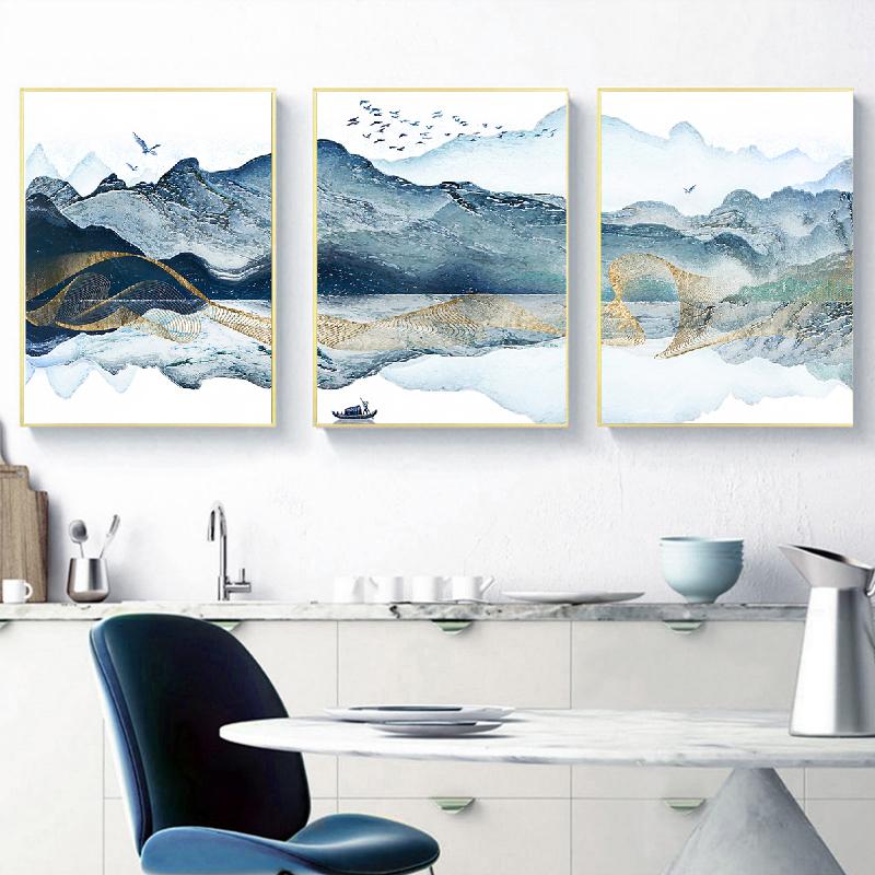 Abstract Mountain Art Lake Bird Watercolor Blue Gold Canvas Painting Wall Art Picture Print Living Room Home Decoration Interior
