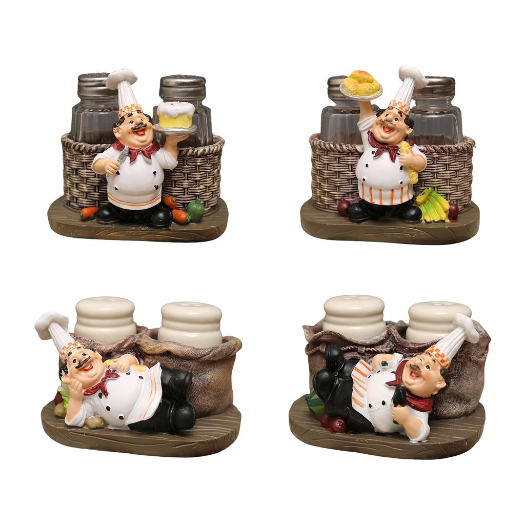 Salt & Peppers Bottle Holder Ornament Resin Chef Statue Decorative Ornament 2 Seasoning/Toothpick Bottle Resin Figurines