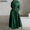 Elegant Women Lapel Neck Long Sleeve Bow Buttons Casual Long Office Dress