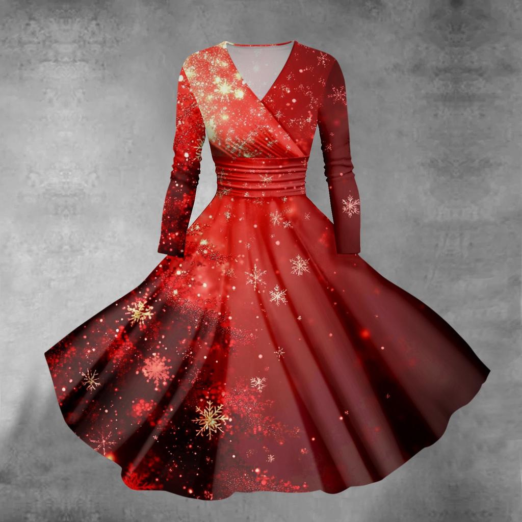 Женское облегающее платье свободного кроя с принтом рождественской елки и снежинок, V-образным вырезом и длинными рукавами