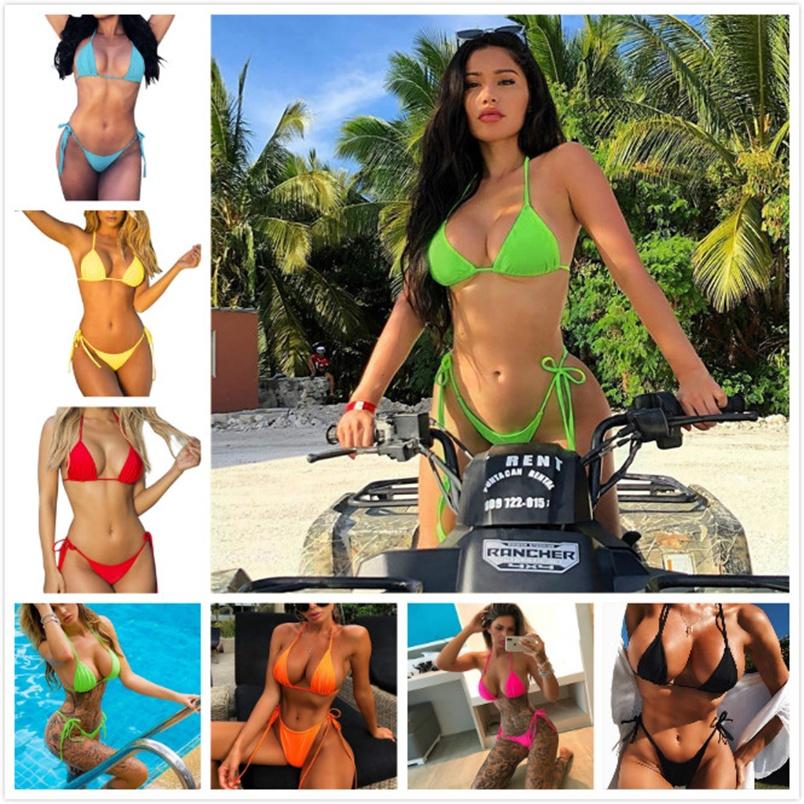 Summer Women Girls Bikini Set Swimwear Pushup Bandage Beachwear Solid Swimsuit