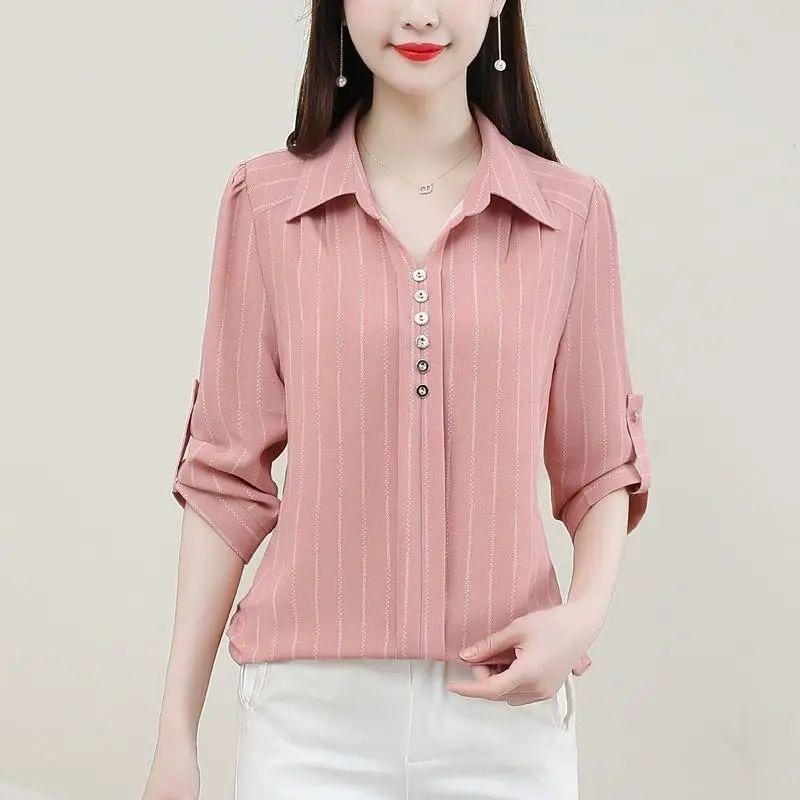 Women's Cream Striped Blouse Convertible Sleeve Office Shirt