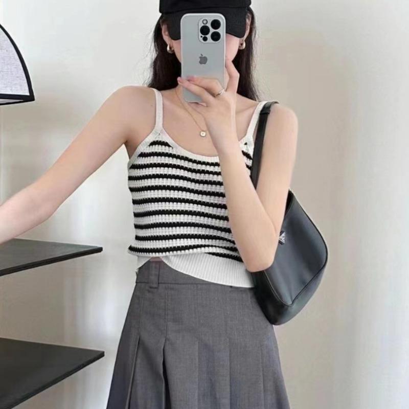Летняя новинка корейская Первая любовь сладкий ветер цвет контрастные полосы тонкий трикотажный жилет халтер женская блузка