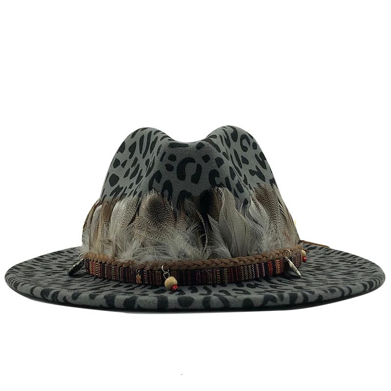 2019 New Trend Unisex Flat Brim Wool Felt Jazz Fedora Hats Men Women Leopard Grain Feather Band Decor Trilby Panama Formal Hats