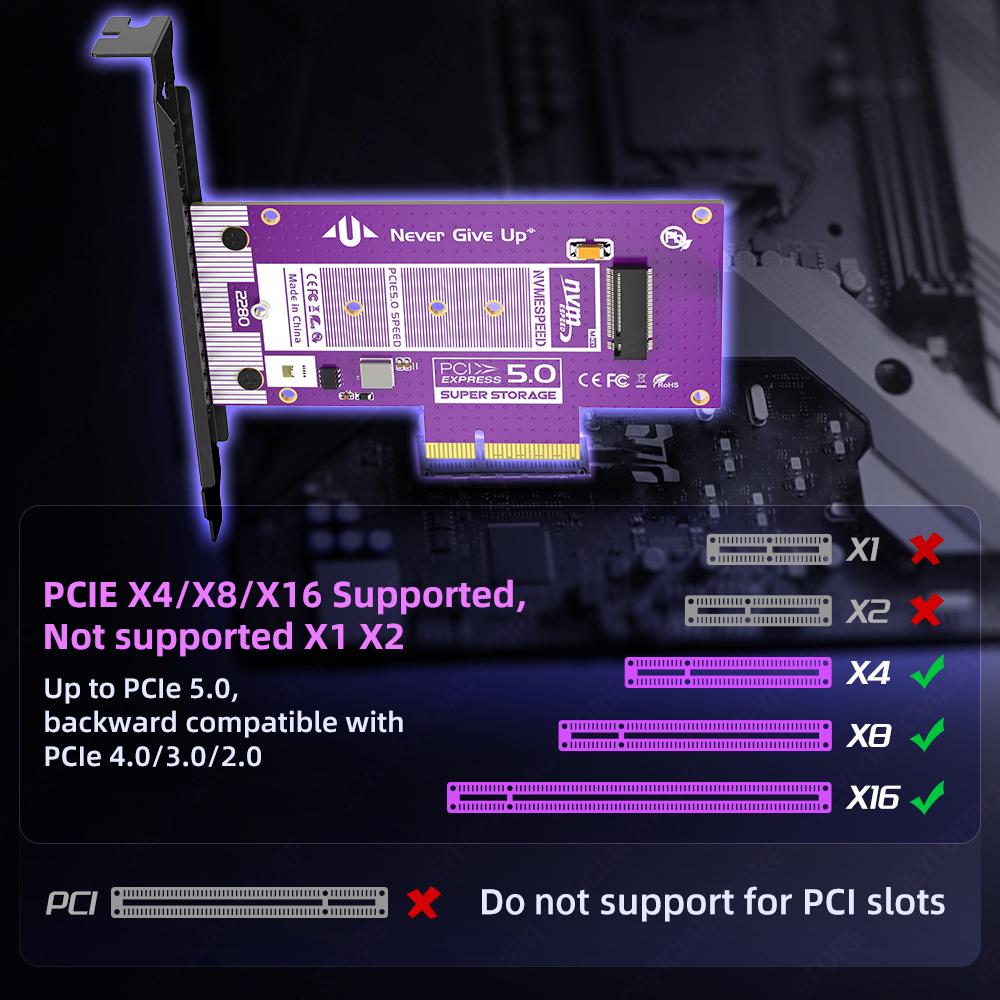 JEYI Карта-адаптер PCIe 5.0 на M.2 NVMe, PCIE X4/X8/X16 на M2 SSD конвертер с алюминиевым радиатором для SSD Gen5 128 Гбит/с PCIe 5.0