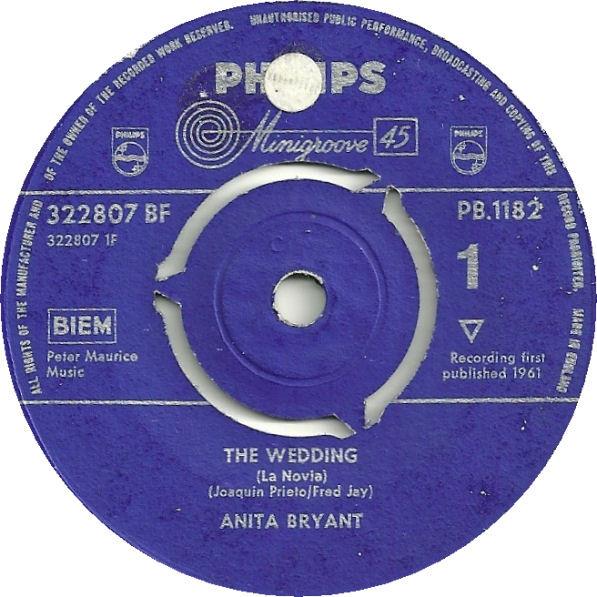 7inch Record ANITA BRYANT - The Wedding PB1182 Philips 1961 UK Pop Used
