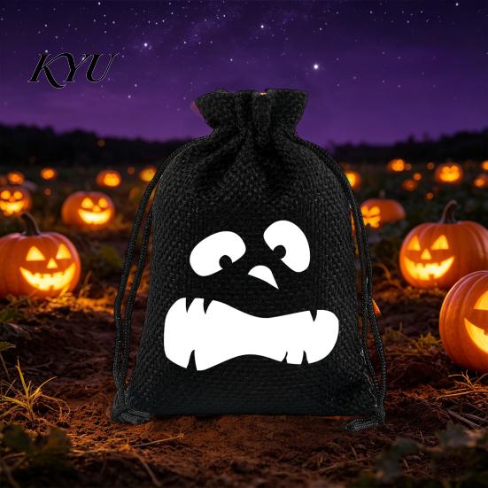 Cute Holiday Gift Sacks 2 Pcs Halloween Burlap Bags with Drawstring, Trick or Treat Ghost Face Pumpkin Prints Candy Pouch, Reusable Goodies
