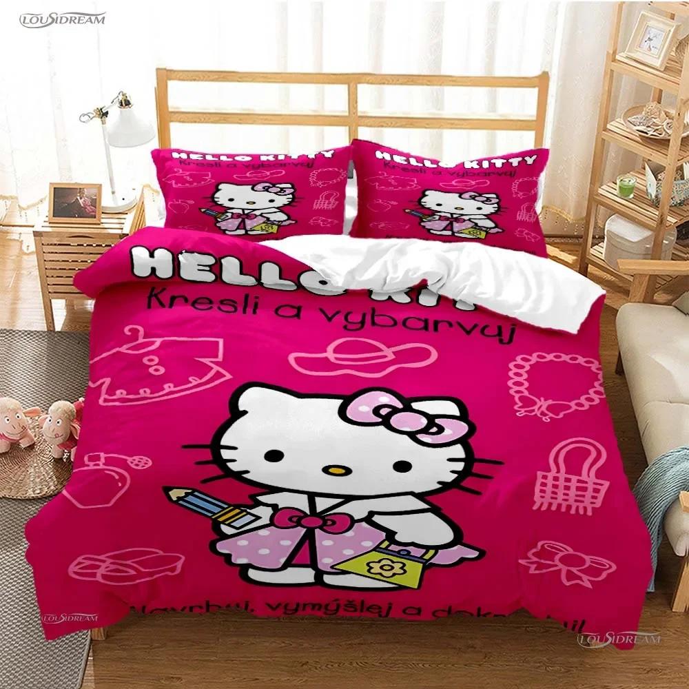 Hello Kitty Sanrio Постельные комплекты Пододеяльник Покрывало Наволочка Комплекты из 2-3 предметов Милое украшение для спальни