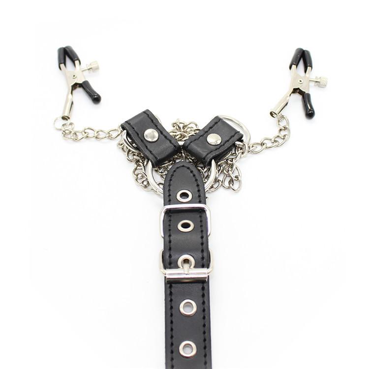 Sexy String Nipple Clamps with Penis Ring Bondage Belt Great Restraint Tool for SM Sex Games Stage Performance