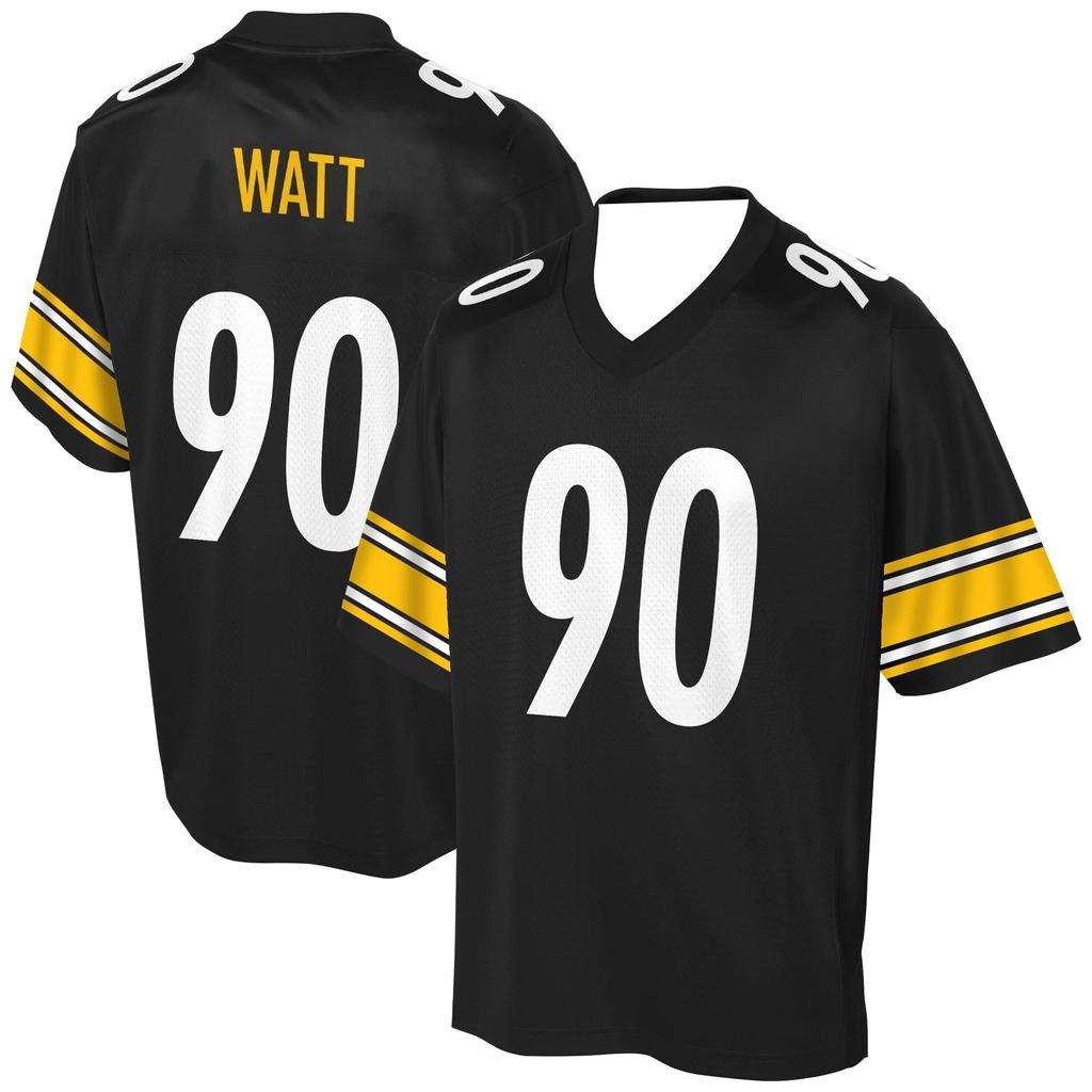 Футбольная форма Pittsburgh Steelers Черная с Желтыми/Белыми Акцентами "Watt 90" Классический Полосатый Дизайн Спортивная Футболка 3D Принты