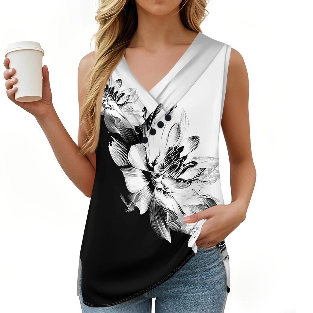 Женская майка с винтажным цветочным принтом, летняя футболка на пуговицах с V-образным вырезом, свободный модный топ без рукавов