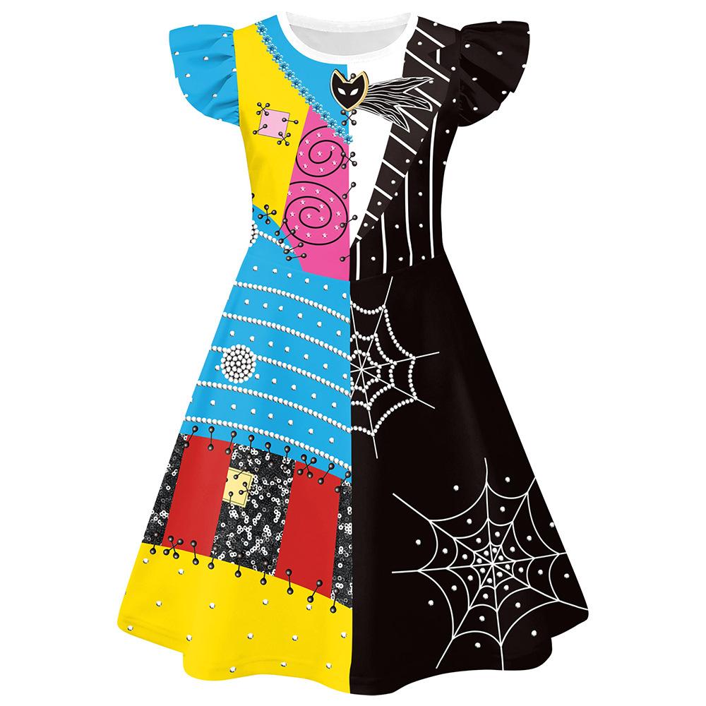 Sally Dress for Girls, Ruffle Spider Web Print Costume Dress, Halloween Nightmare Before Christmas Cosplay Dress, Cute Pumpkin Party Outfit