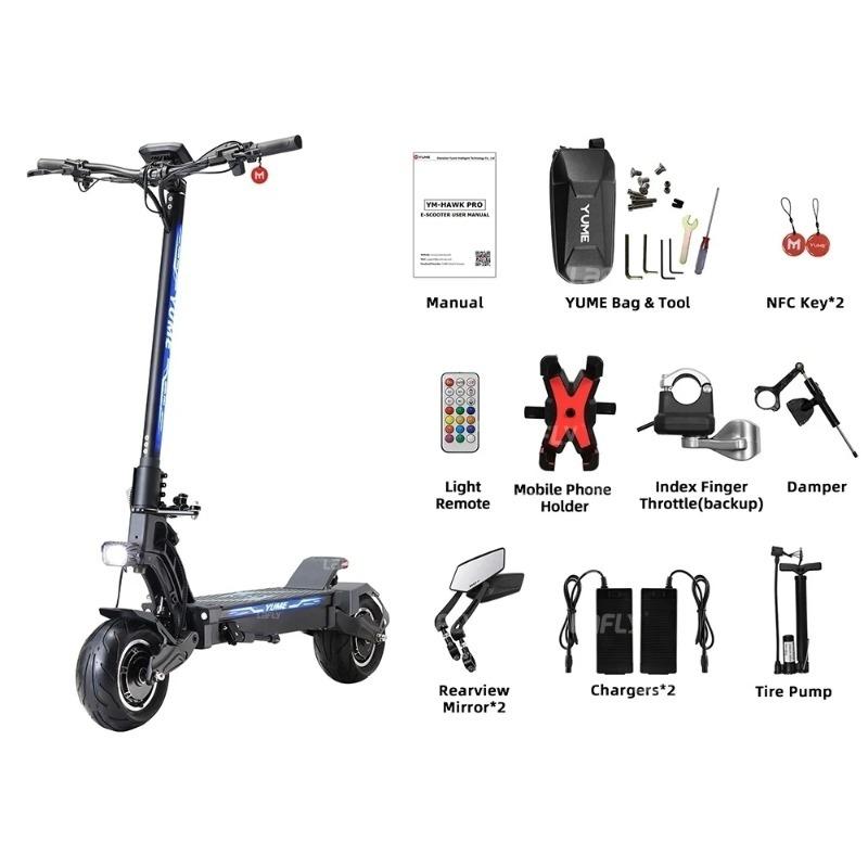 Электрический скутер YUME HAWK Pro, бескамерные дорожные шины 10x4,5 дюйма, двигатель 3000 Вт*2, аккумулятор 60 В 30 Ач, максимальная скорость 50 миль/ч, максимальный запас хода 60 миль
