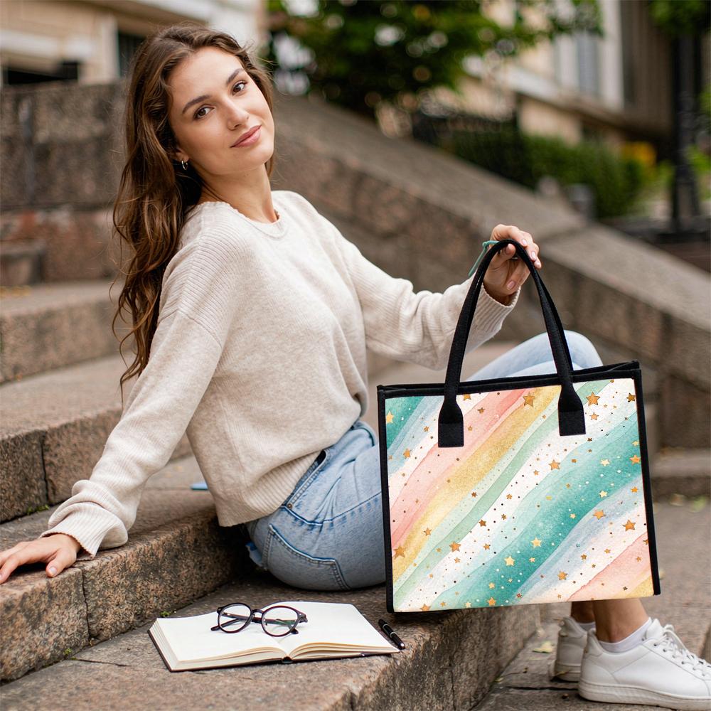 Women Rainbow Star Print Tote Casual Large Capacity Handbag for Daily Shopping Travel