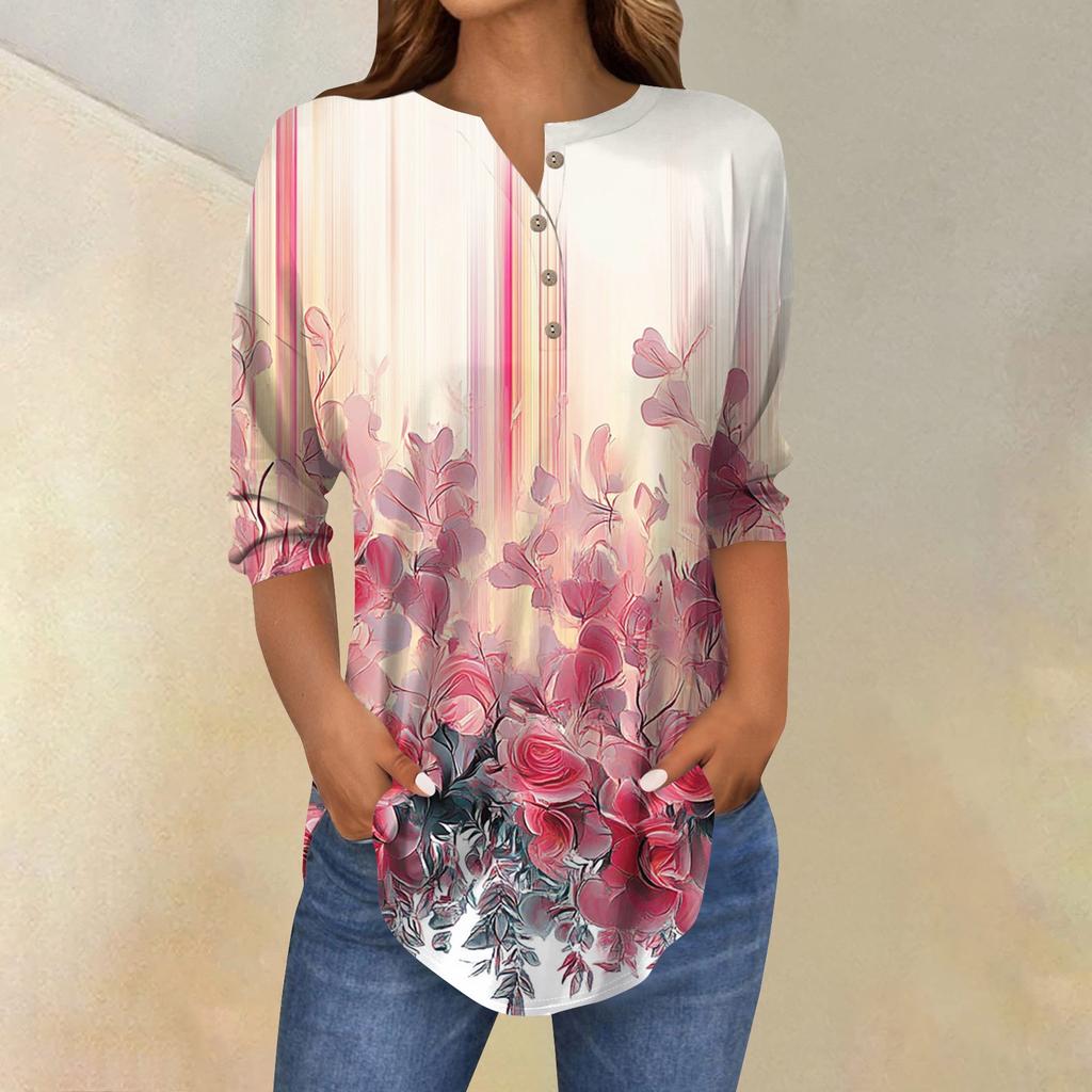 Женская свободная футболка с воротником на пуговицах и винтажным цветочным принтом, рукав три четверти