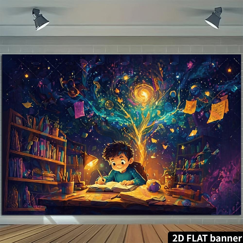 2D Flat Banner, Dreamy Learning Theme Backdrop, Starry Glowing Knowledge Tree, Sticky Notes, Star Decorations, Polyester
