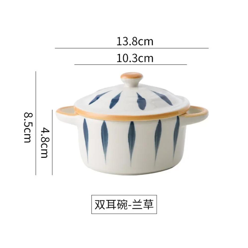Мультяшная керамическая миска с двумя ушками и крышкой, миска для пищевых добавок для детей, лапша, рамен, салат, миска для приготовленных на пару яиц, посуда для микроволновой печи