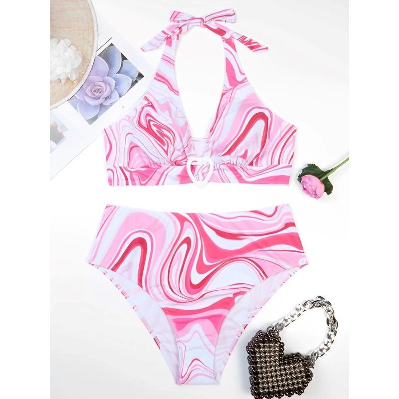 2025 Большой размер печати Холтер стринги бикини из двух частей с высокой талией купальник женский купальник женский купальный костюм пляжная одежда плавание
