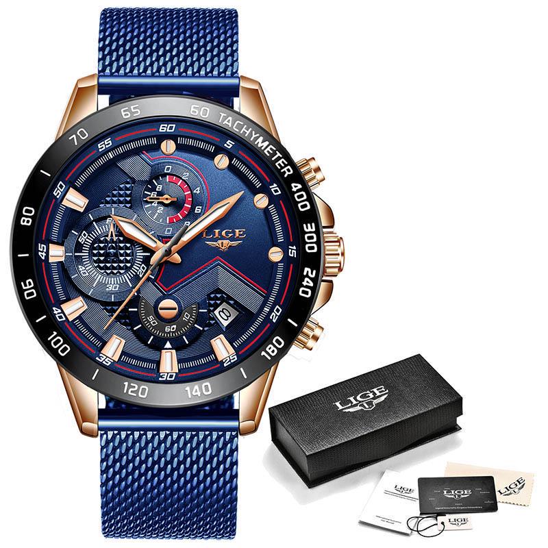 LIGE 2020 New Mens Watches Wrist Watch Quartz Clock Blue Watch Men Waterproof Sports Chronograph