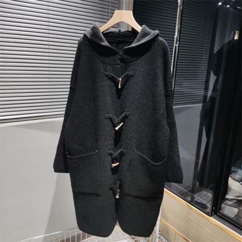 Осенне-зимний женский свитер, пальто, вязаный кардиган с пуговицами из бычьего рога, свободный кардиган средней длины с капюшоном, большая версия ленивого свитера, пальто