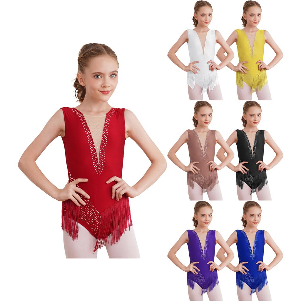Kids Girls Shiny Figure Skating Sleeveless Leotard Rhythmic Gymnastics Fringed Bodysuit