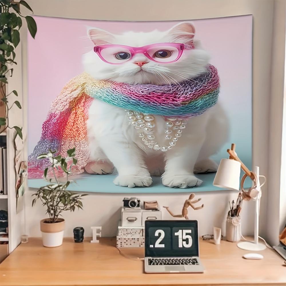 Pink eyeglass cat scarf Digital printing polyester wall tapestry suitable for use in living rooms bedrooms offices bars party